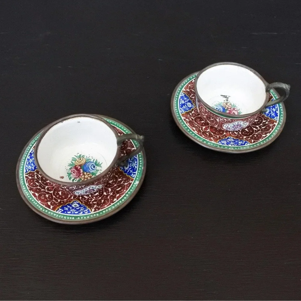Antique Persian Minakari Enamel Floral Birds Tea & Coffee Cups Saucers Tray Set